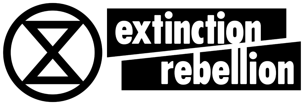 Logo Extinction Rebellion: Name + Stilisierte Sanduhr in schwarz und weiss.