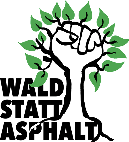 Logo Wald statt Asphalt: Name + Baum mit einer geballten Faust als Stamm.